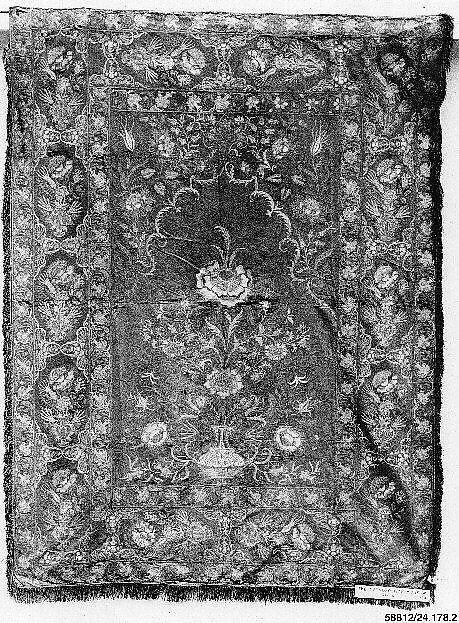 Hanging or Prayer Rug, Taffeta, metal wrapped thread; embroidered