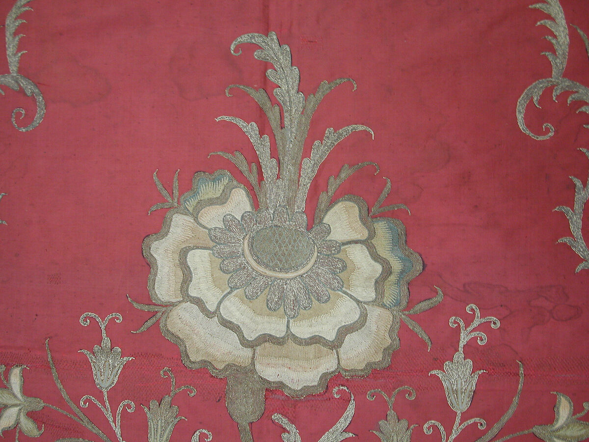 Hanging or Prayer Rug, Taffeta, metal wrapped thread; embroidered