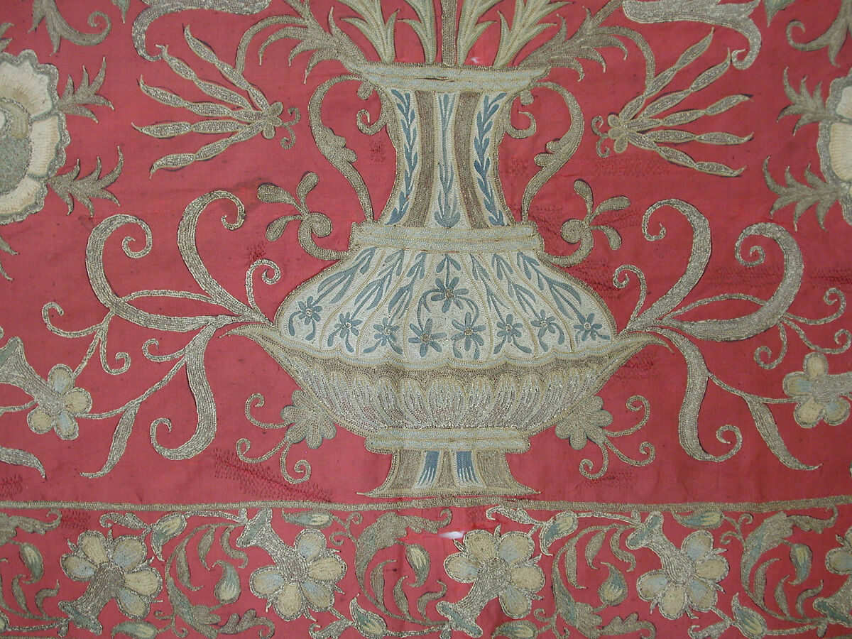 Hanging or Prayer Rug, Taffeta, metal wrapped thread; embroidered