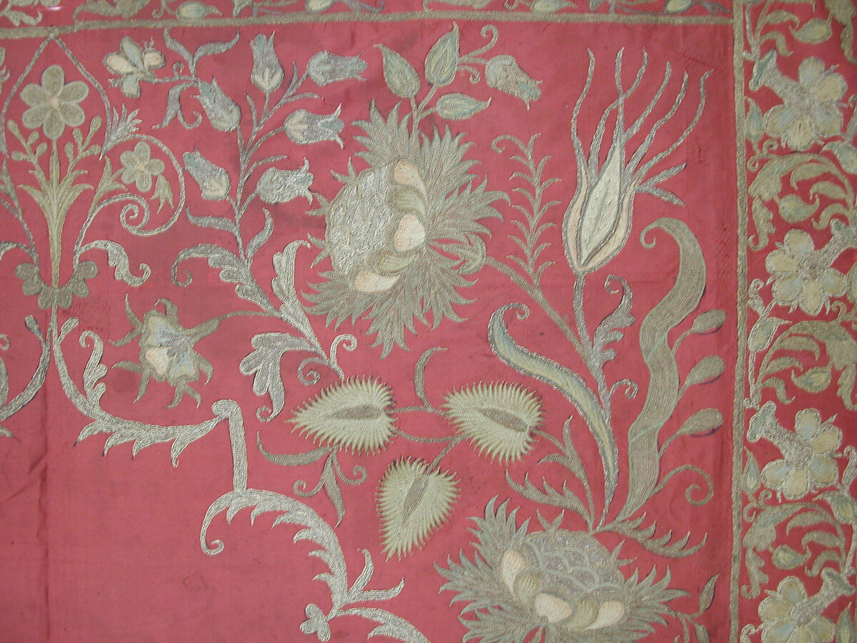 Hanging or Prayer Rug, Taffeta, metal wrapped thread; embroidered