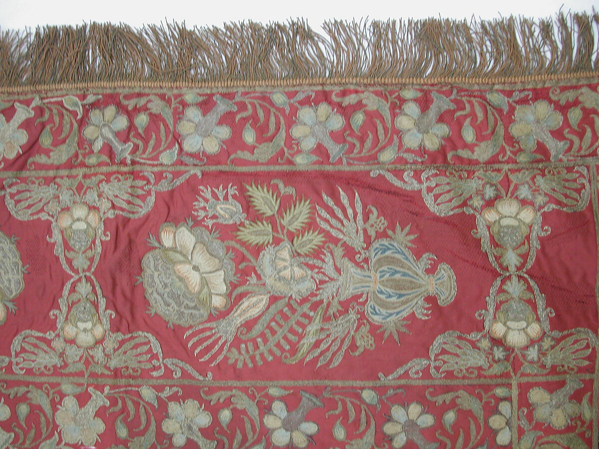 Hanging or Prayer Rug, Taffeta, metal wrapped thread; embroidered