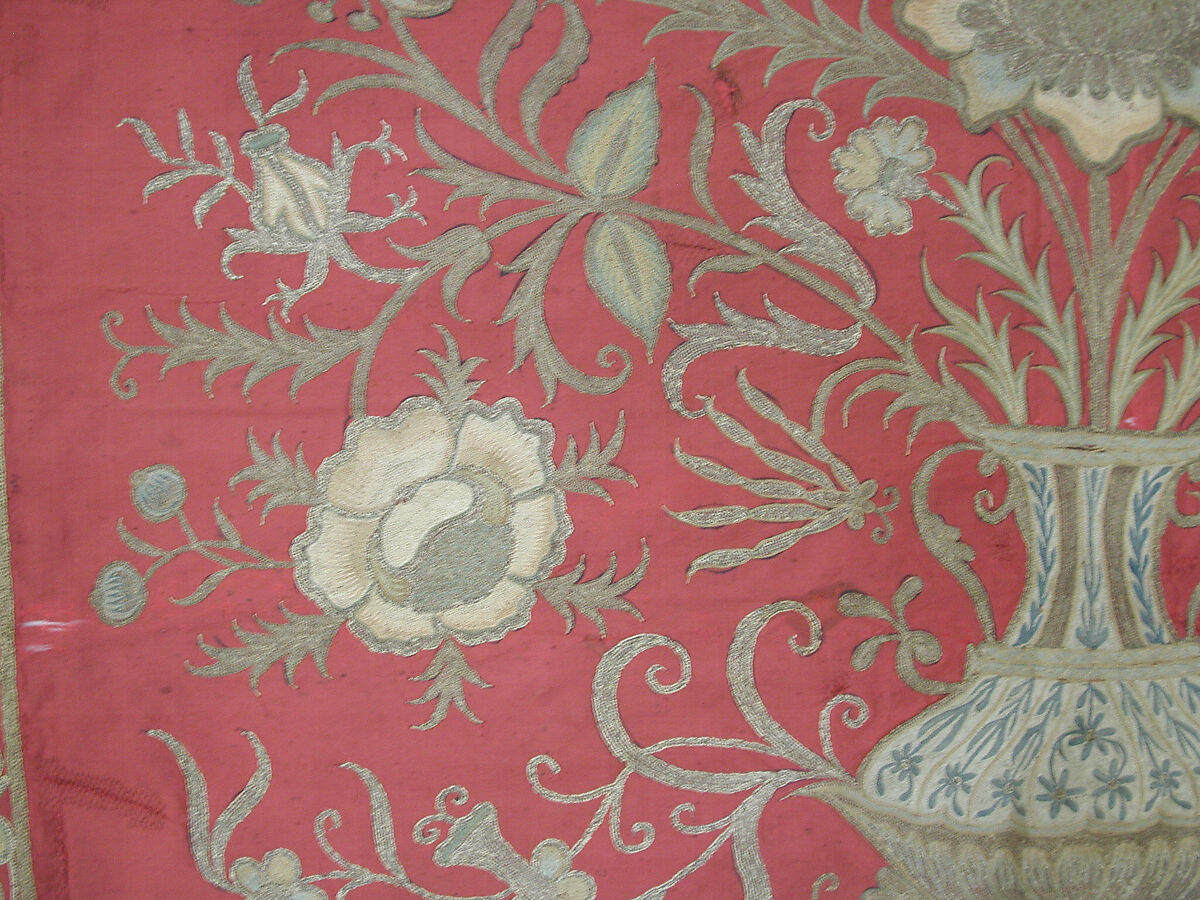 Hanging or Prayer Rug, Taffeta, metal wrapped thread; embroidered