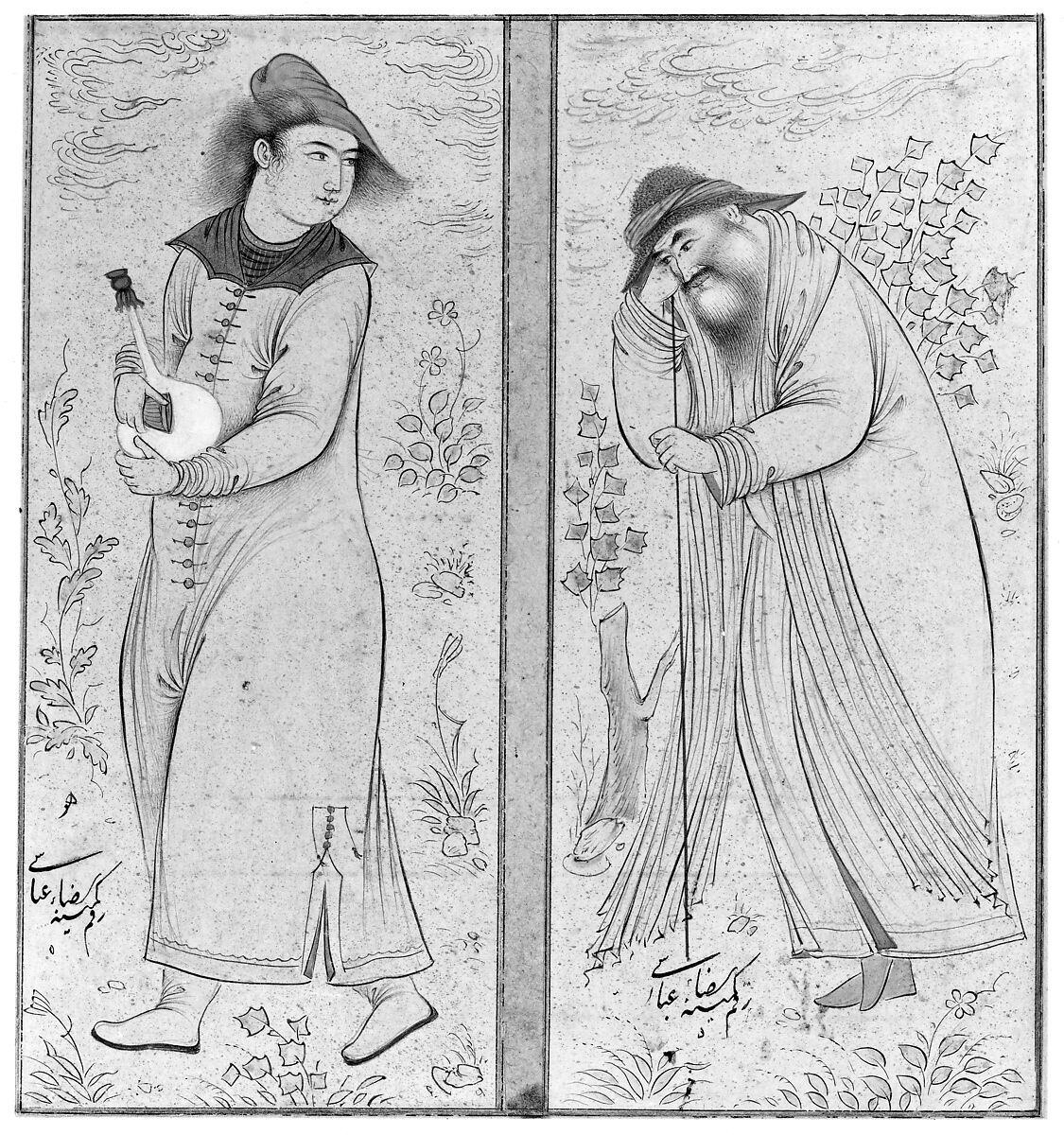 The Old man and the Youth, Painting by Riza-yi 'Abbasi (Iranian, ca. 1565–d. 1635), Ink, transparent and opaque watercolor, and gold on paper