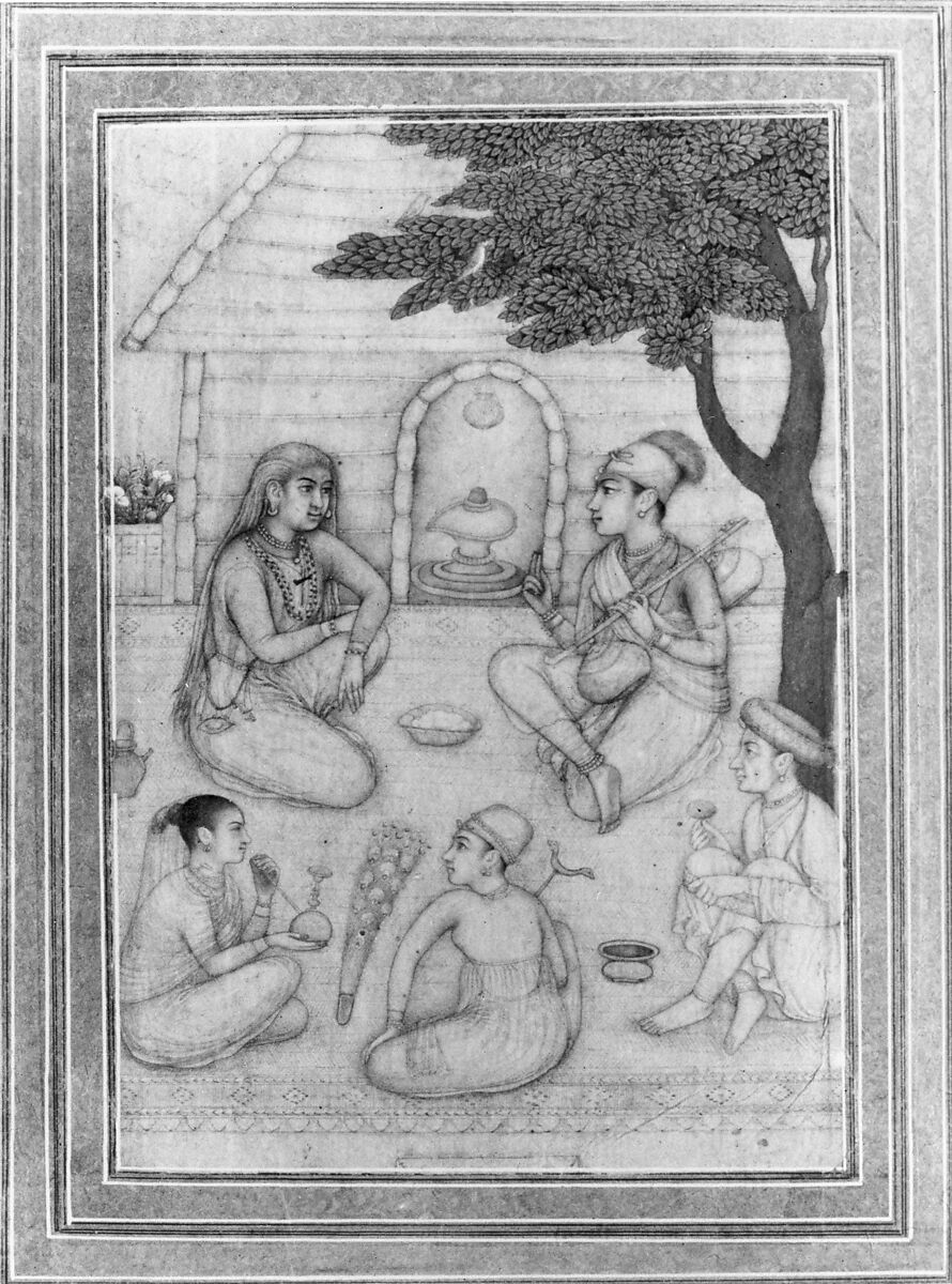Hindus Conversing before a Shrine, Ink, opaque watercolor, and gold on paper