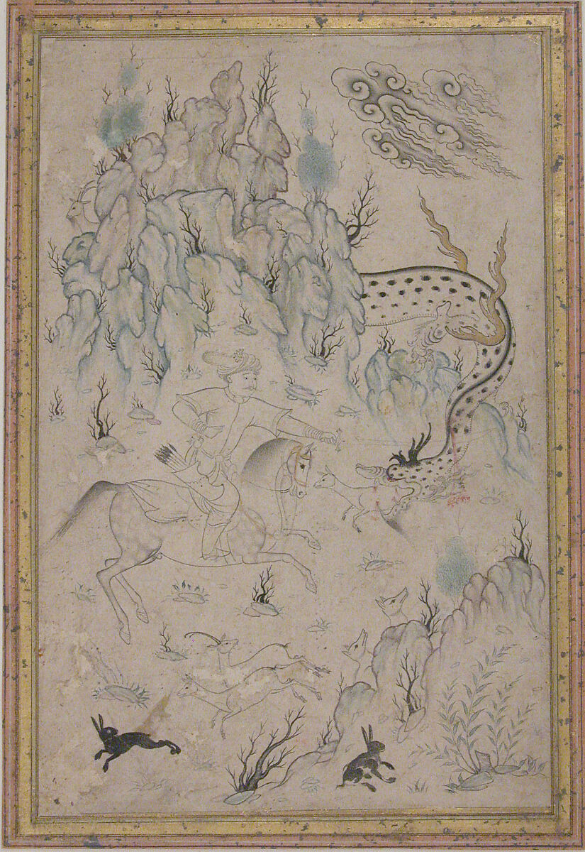 Hero and Dragon, Ink, watercolor, and gold on paper