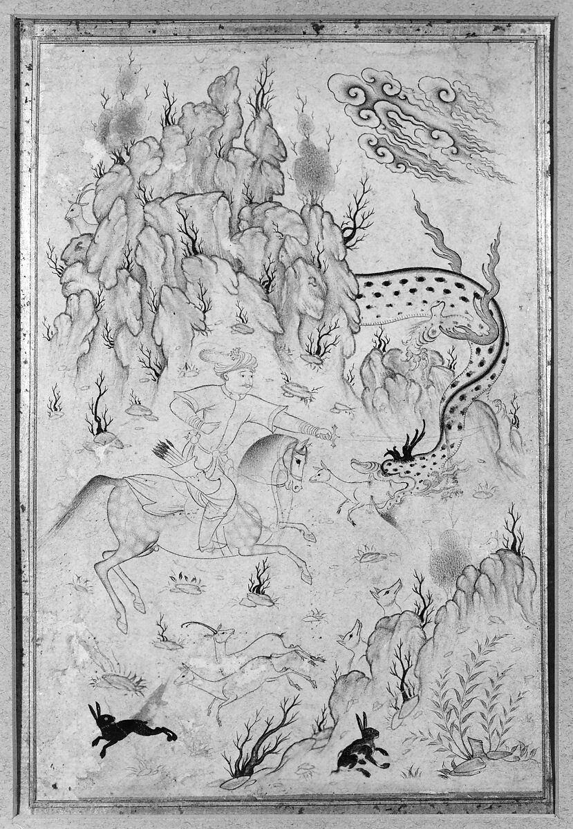 Hero and Dragon, Ink, watercolor, and gold on paper