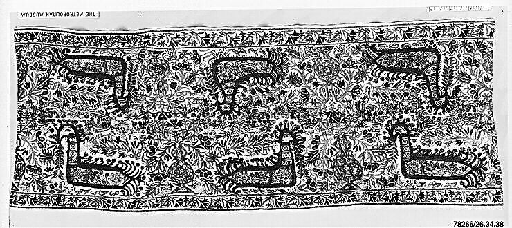 Textile Fragment, Linen; embroidered in silk
