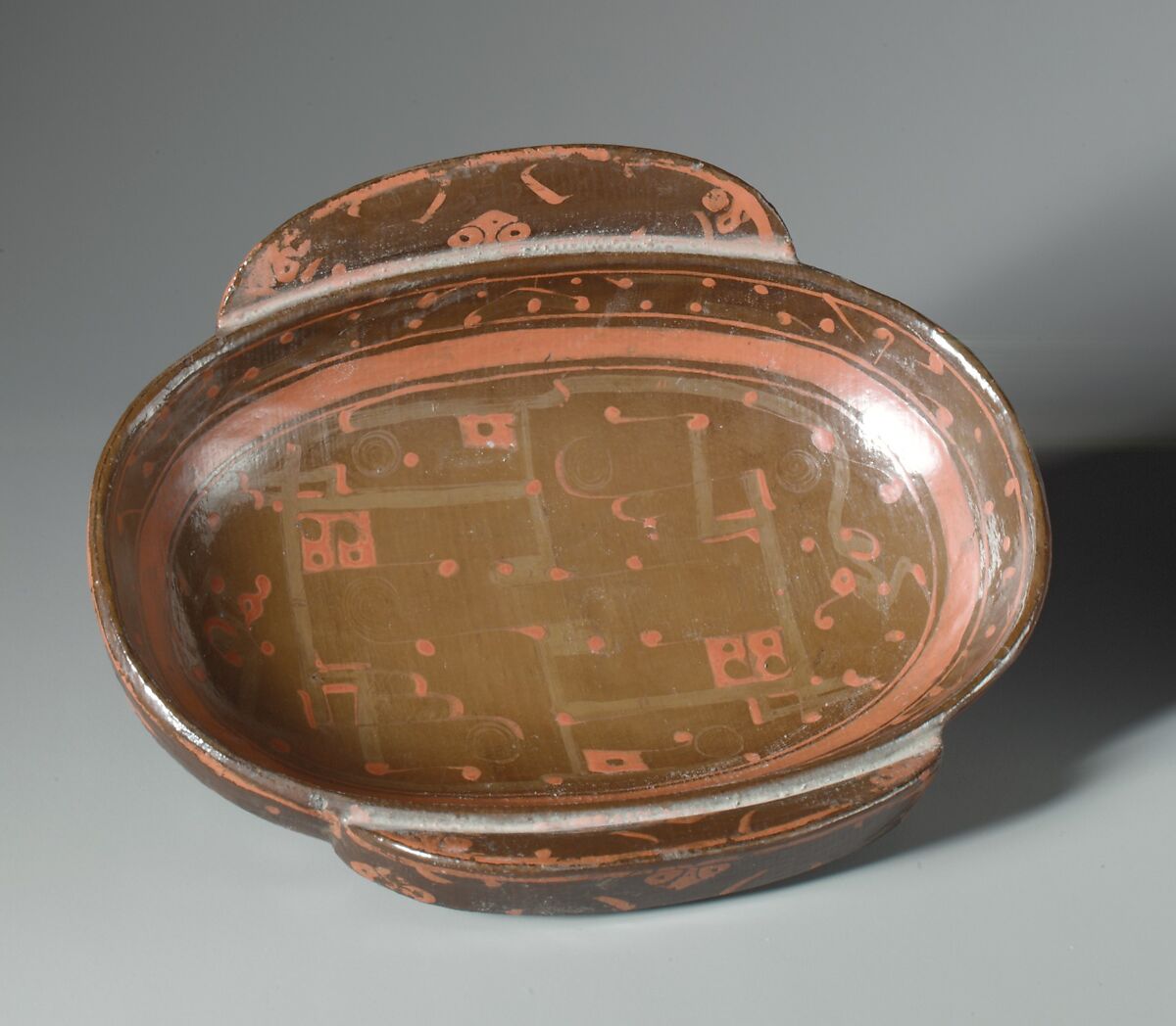 Winged Cup with Geometric Designs, Brown lacquer painted with red lacquer, China 