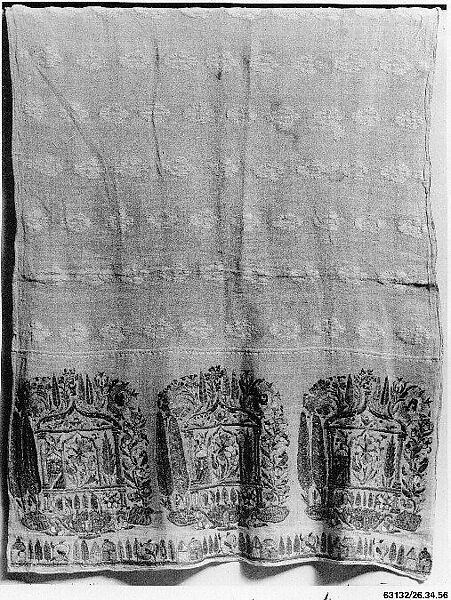 Towel, Linen; embroidered in metal wrapped thread and tinsel 
