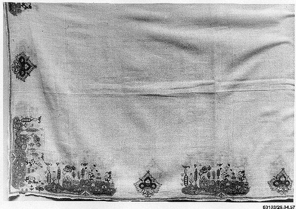 Towel, Cotton; embroidered in silk and metal wrapped thread 