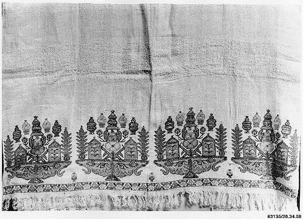 Towel, Cotton; embroidered in silk, metal wrapped thread, and tinsel 