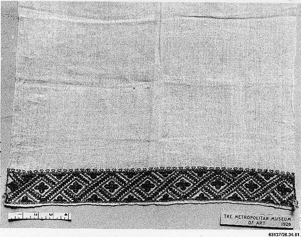 Towel, Cotton; embroidered in silk and metal wrapped thread 