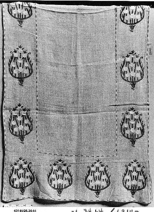 Towel, Cotton; embroidered in silk and metal wrapped thread 