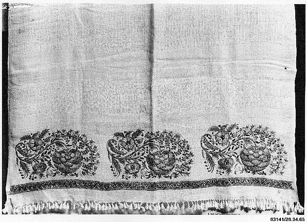 Towel, Linen; embroidered in silk, metal wrapped thread, and tinsel