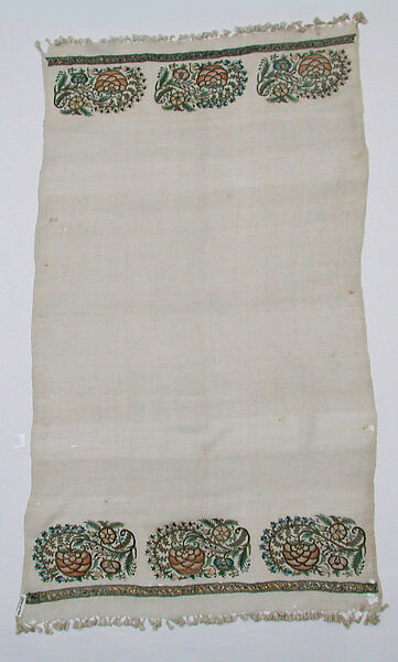 Towel, Linen; embroidered in silk, metal wrapped thread, and tinsel 