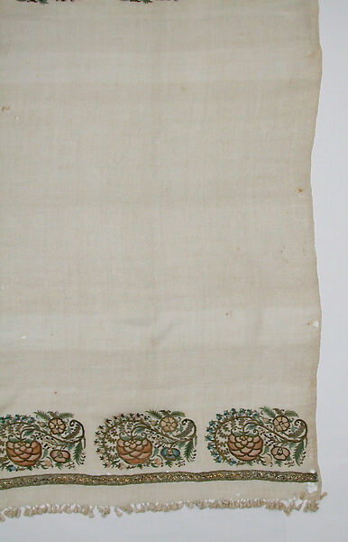 Towel, Linen; embroidered in silk, metal wrapped thread, and tinsel