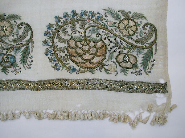 Towel, Linen; embroidered in silk, metal wrapped thread, and tinsel