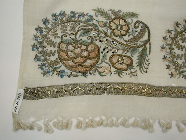 Towel, Linen; embroidered in silk, metal wrapped thread, and tinsel