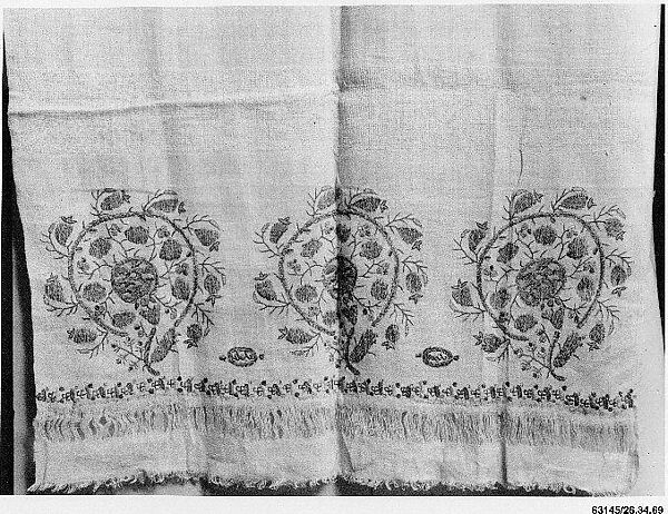 Towel, Cotton; embroidered in silk and metal wrapped thread