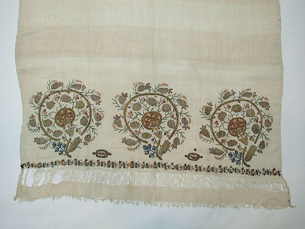 Towel, Cotton; embroidered in silk and metal wrapped thread