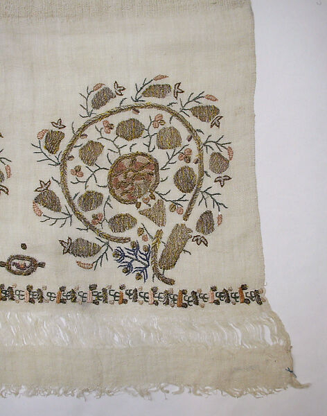 Towel, Cotton; embroidered in silk and metal wrapped thread