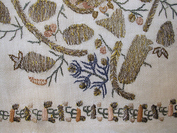 Towel, Cotton; embroidered in silk and metal wrapped thread