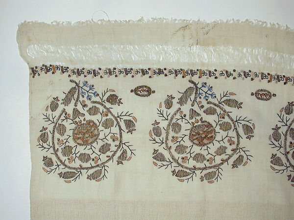 Towel, Cotton; embroidered in silk and metal wrapped thread