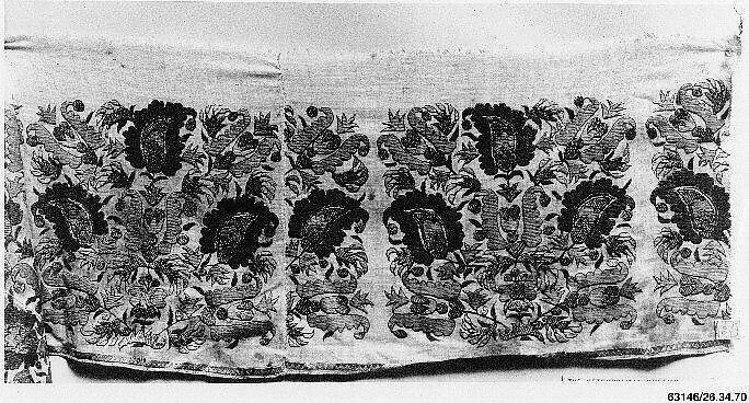 Border, Linen; embroidered in silk and metal wrapped thread 
