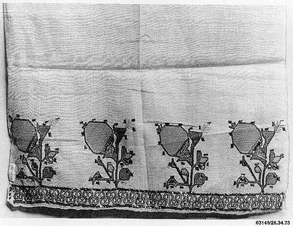 Towel, Cotton; embroidered in silk and tinsel 