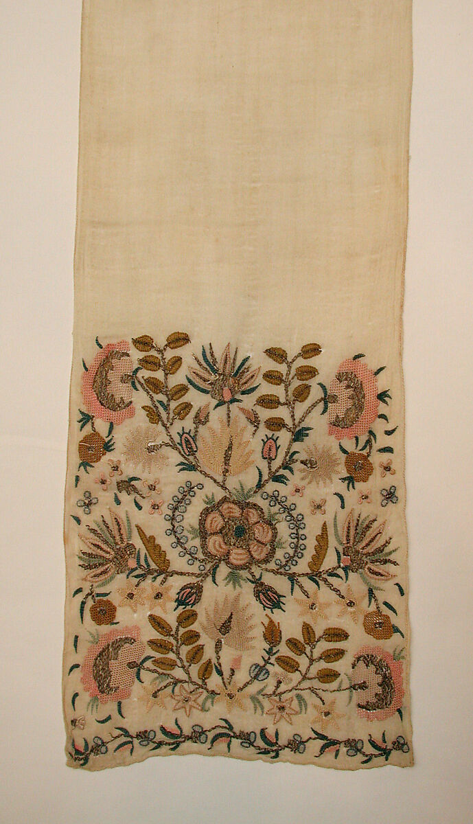 Scarf, Cotton; embroidered in silk and metal wrapped thread