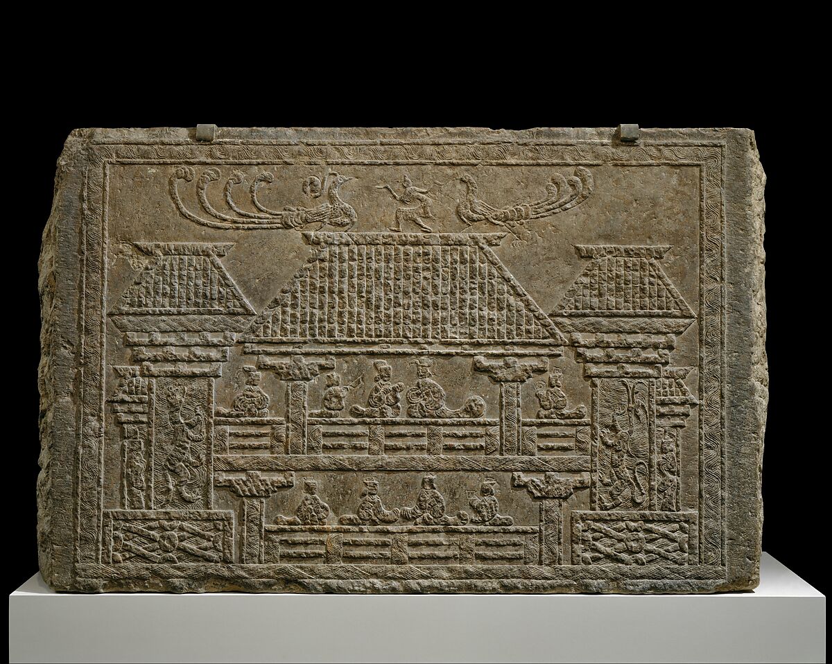 Tomb Panel with Relief of Figures in a Pavilion, Limestone, China 