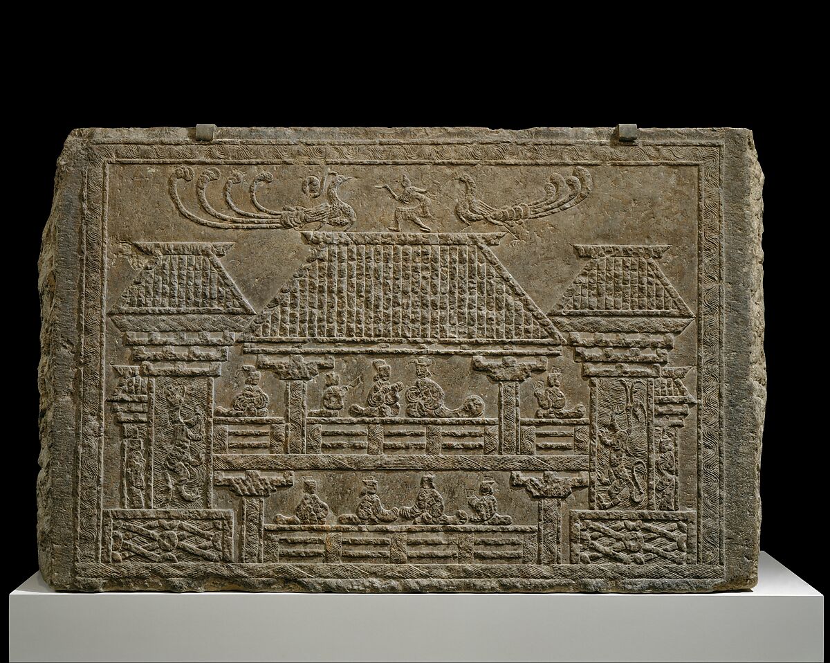 Tomb Panel with Relief of Figures in a Pavilion, Limestone, China