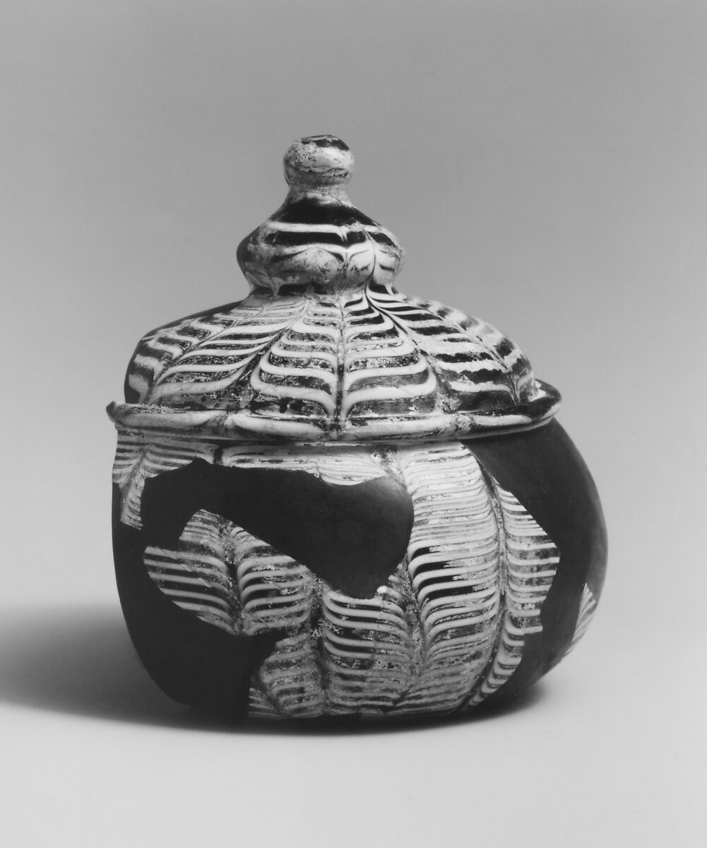 Bowl with Lid, Glass, reddish-purple; blown, applied marvered opaque decoration, applied opaque white rim