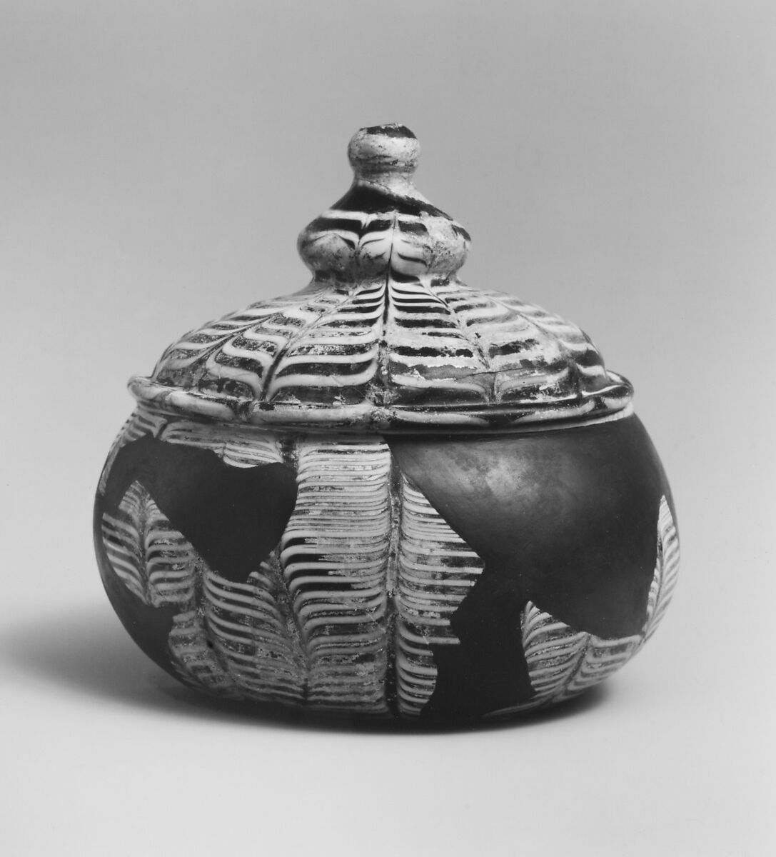 Bowl with Lid, Glass, reddish-purple; blown, applied marvered opaque decoration, applied opaque white rim