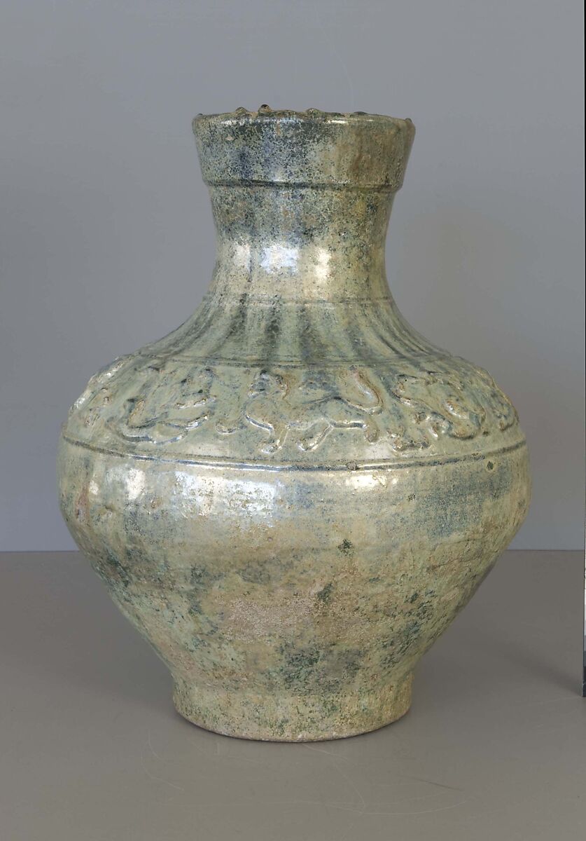 Wine container (hu) with mythical creatures, Earthenware with green lead glaze, China 