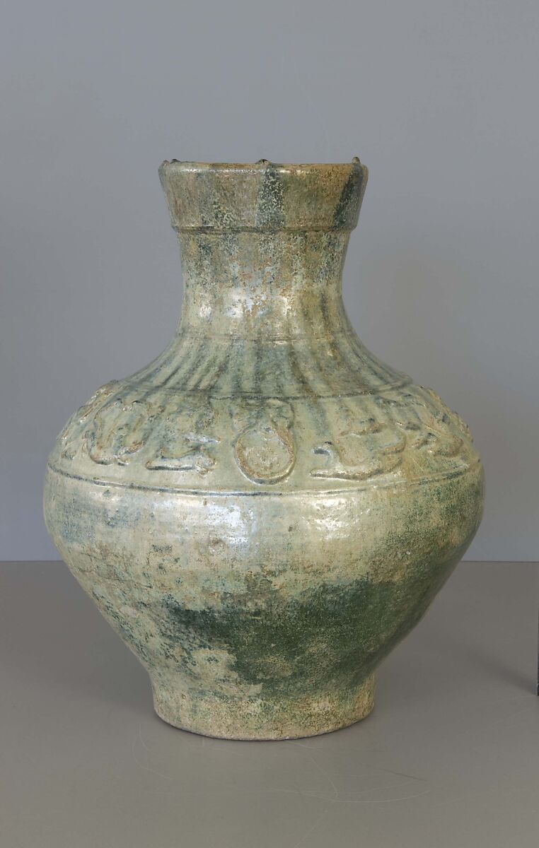 Wine container (hu) with mythical creatures, Earthenware with green lead glaze, China