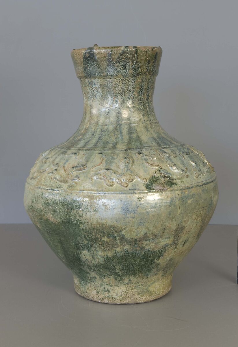 Wine container (hu) with mythical creatures, Earthenware with green lead glaze, China