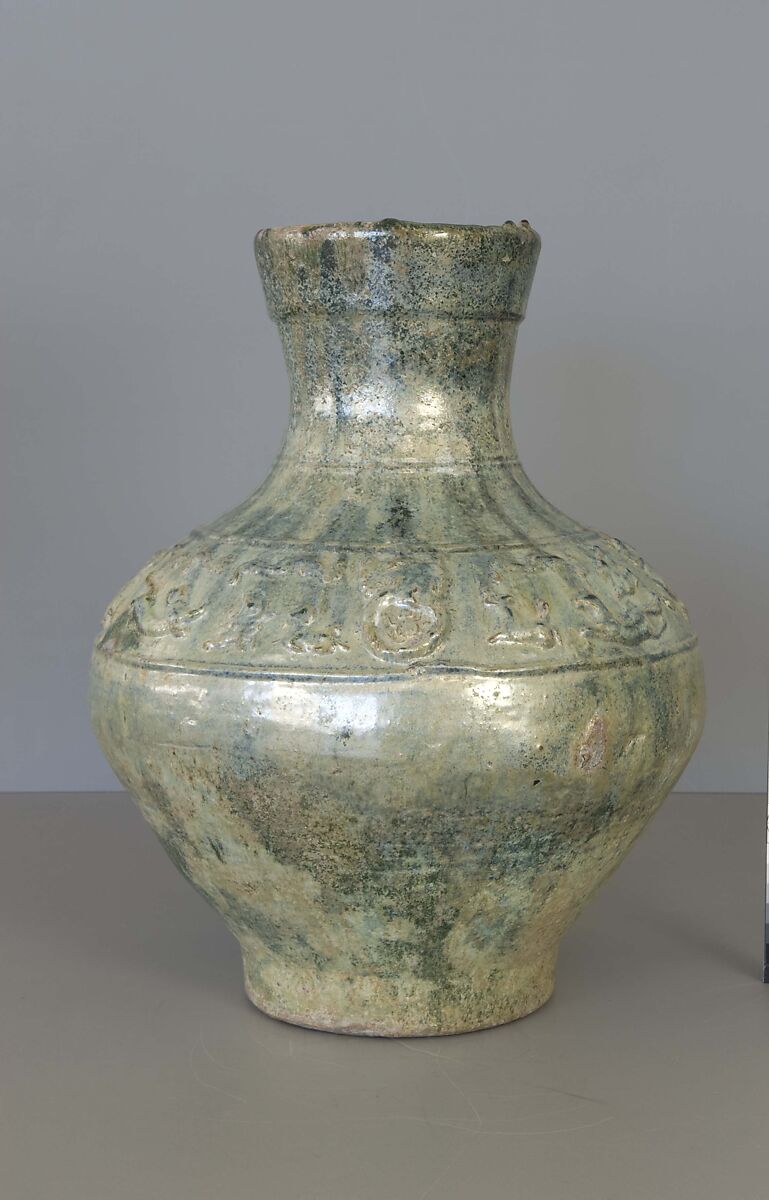 Wine container (hu) with mythical creatures, Earthenware with green lead glaze, China