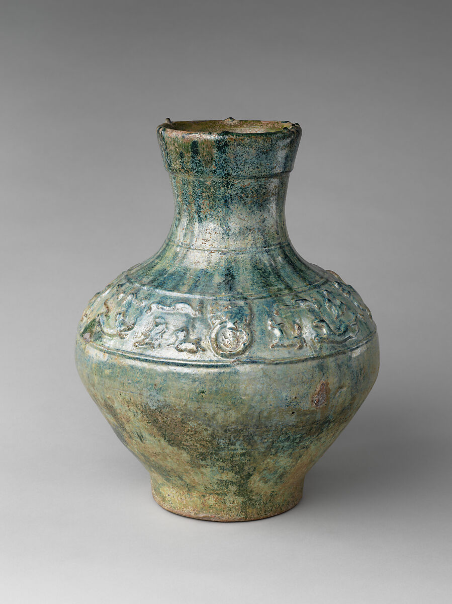 Wine container (hu) with mythical creatures, Earthenware with green lead glaze, China