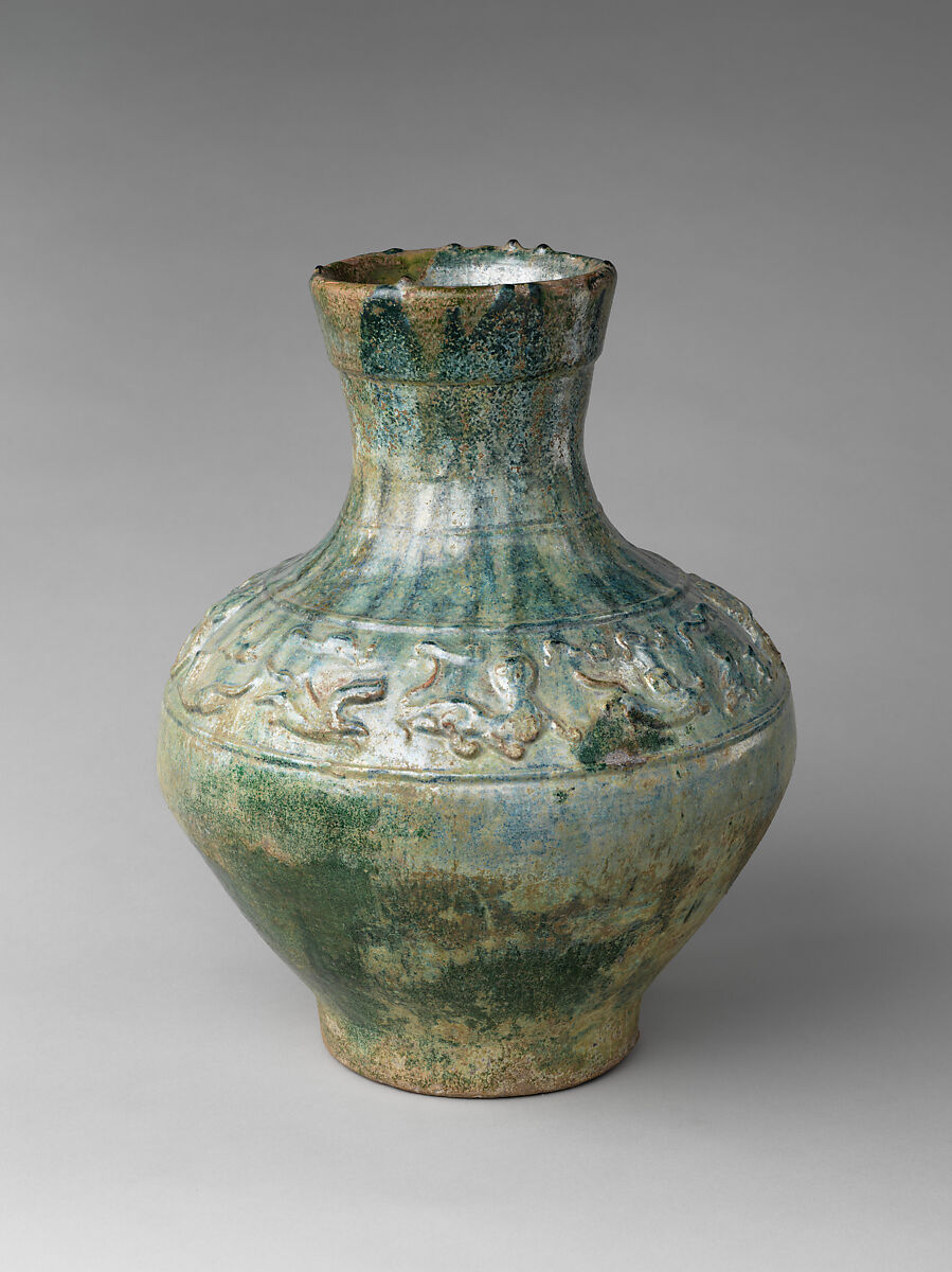Wine container (hu) with mythical creatures, Earthenware with green lead glaze, China