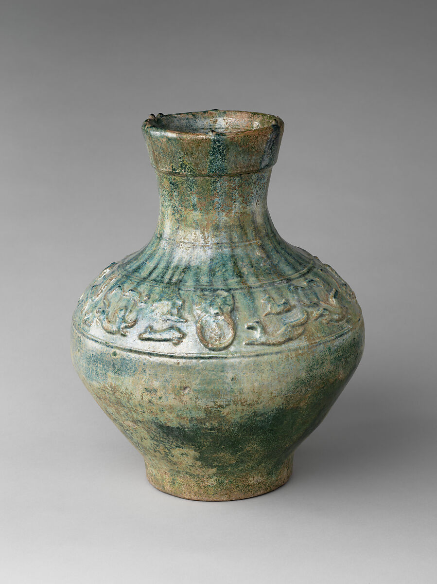 Wine container (hu) with mythical creatures, Earthenware with green lead glaze, China