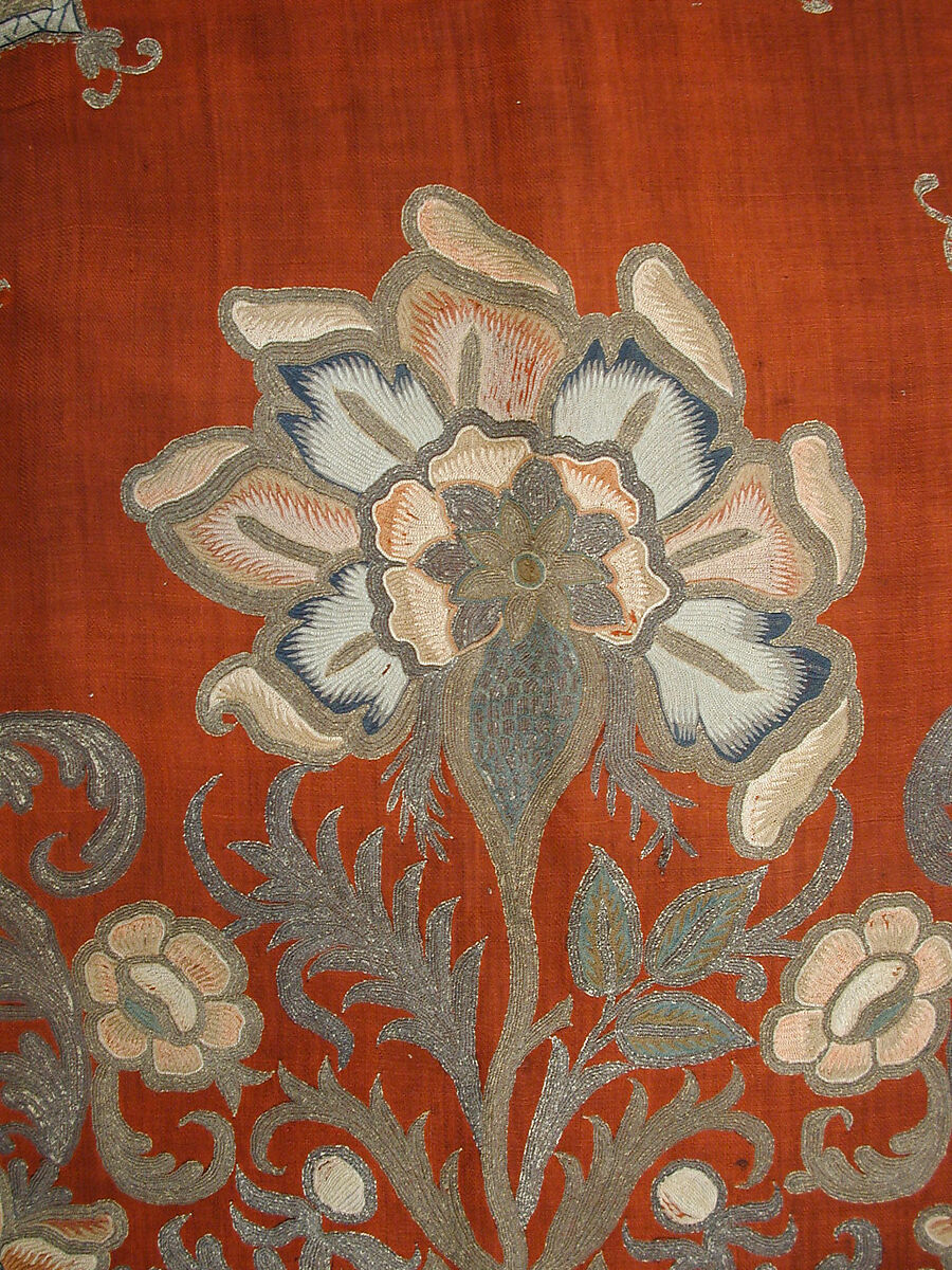 Panel, Wool, silk; embroidered in silk and metal wrapped thread
