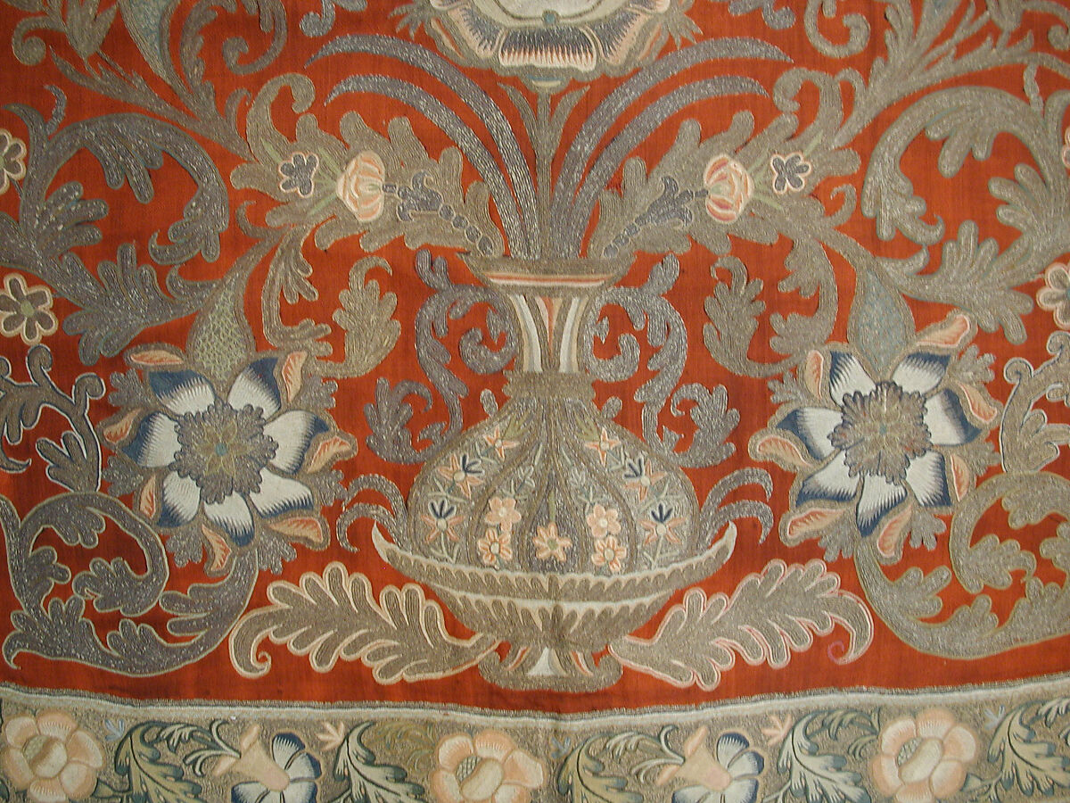 Panel, Wool, silk; embroidered in silk and metal wrapped thread