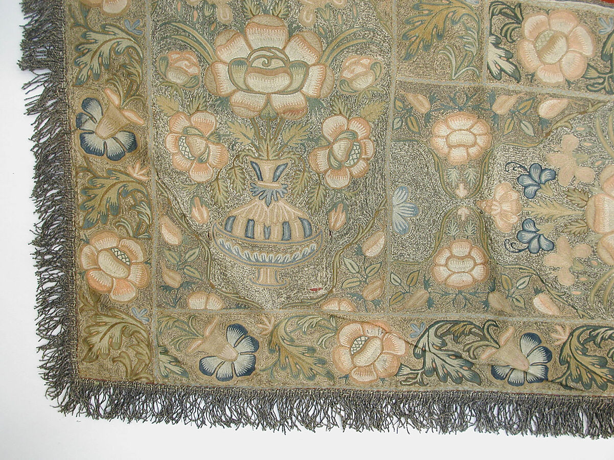 Panel, Wool, silk; embroidered in silk and metal wrapped thread