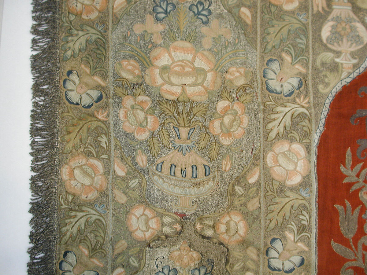 Panel, Wool, silk; embroidered in silk and metal wrapped thread