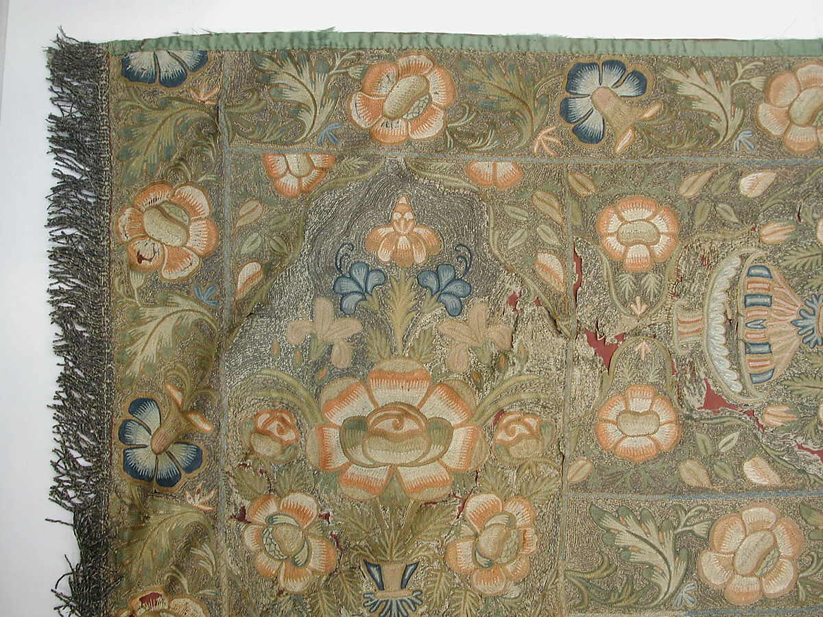 Panel, Wool, silk; embroidered in silk and metal wrapped thread