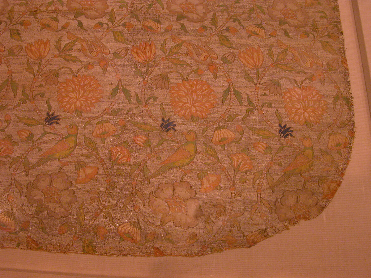Textile Panel with Birds amid Flowering Vines, Silk, metal wrapped thread; taqueté
