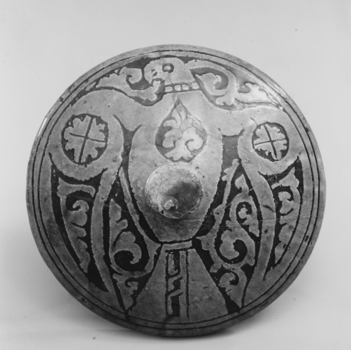Lid, Earthenware; white slip-covered, carved decoration under a monochrome glaze (Garrus ware)