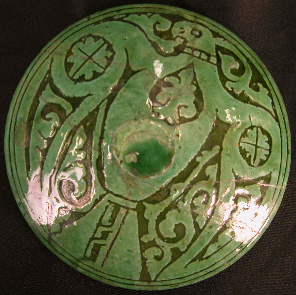 Lid, Earthenware; white slip-covered, carved decoration under a monochrome glaze (Garrus ware)