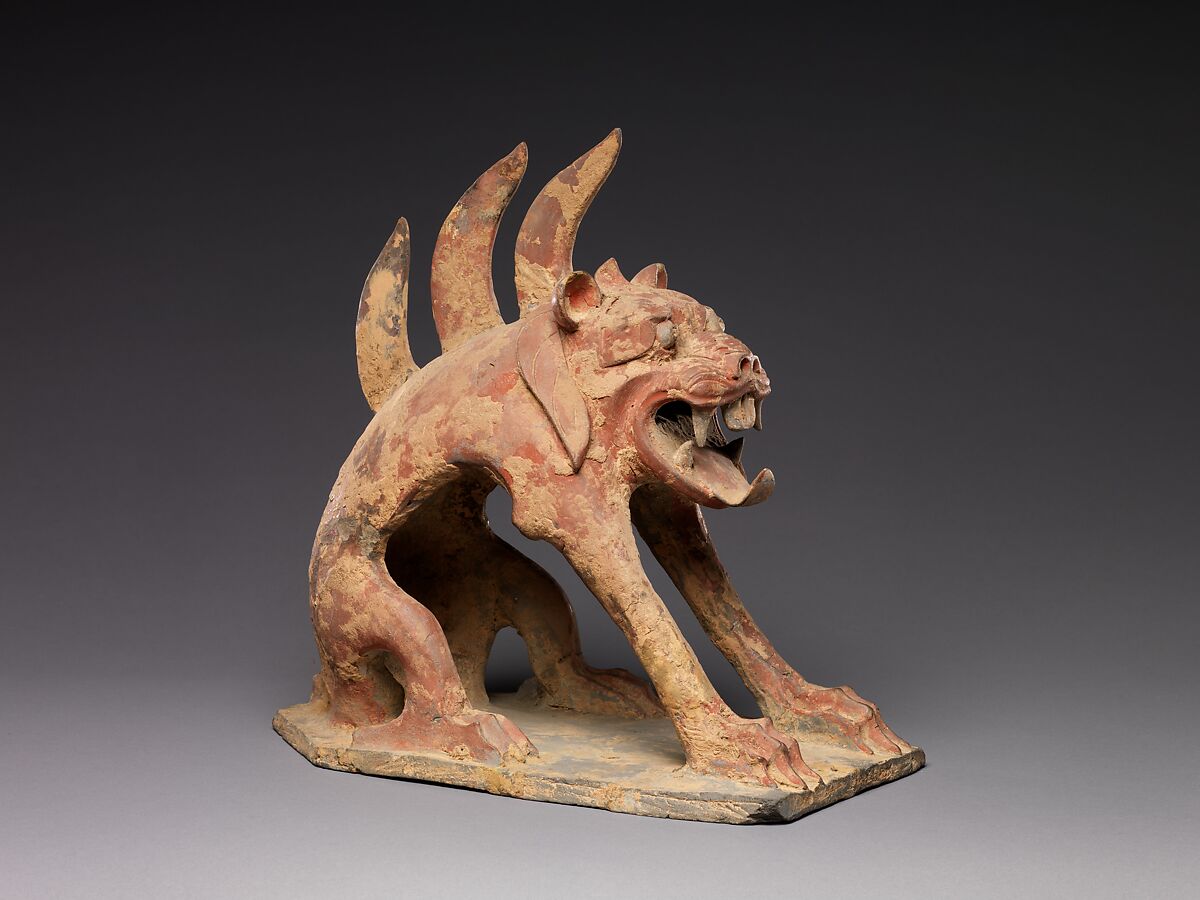 Tomb Guardian (Zhenmushou), Earthenware with pigment, China